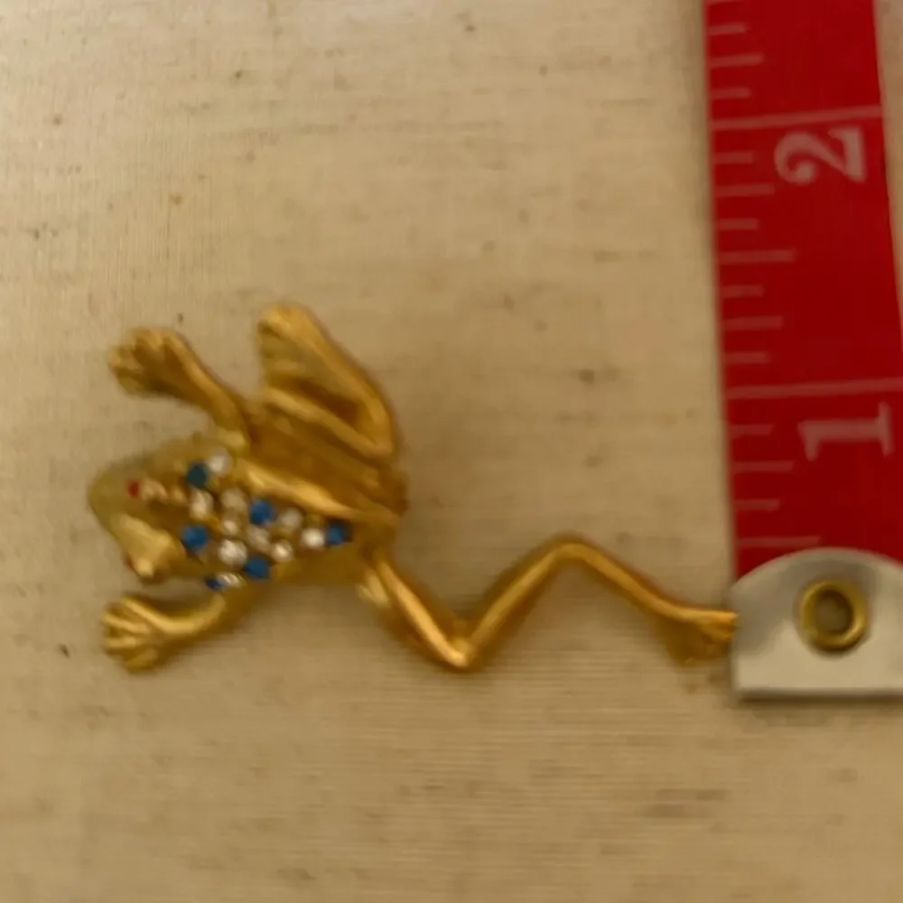 Vintage Gold Frog Brooch with Blue and Red Accents